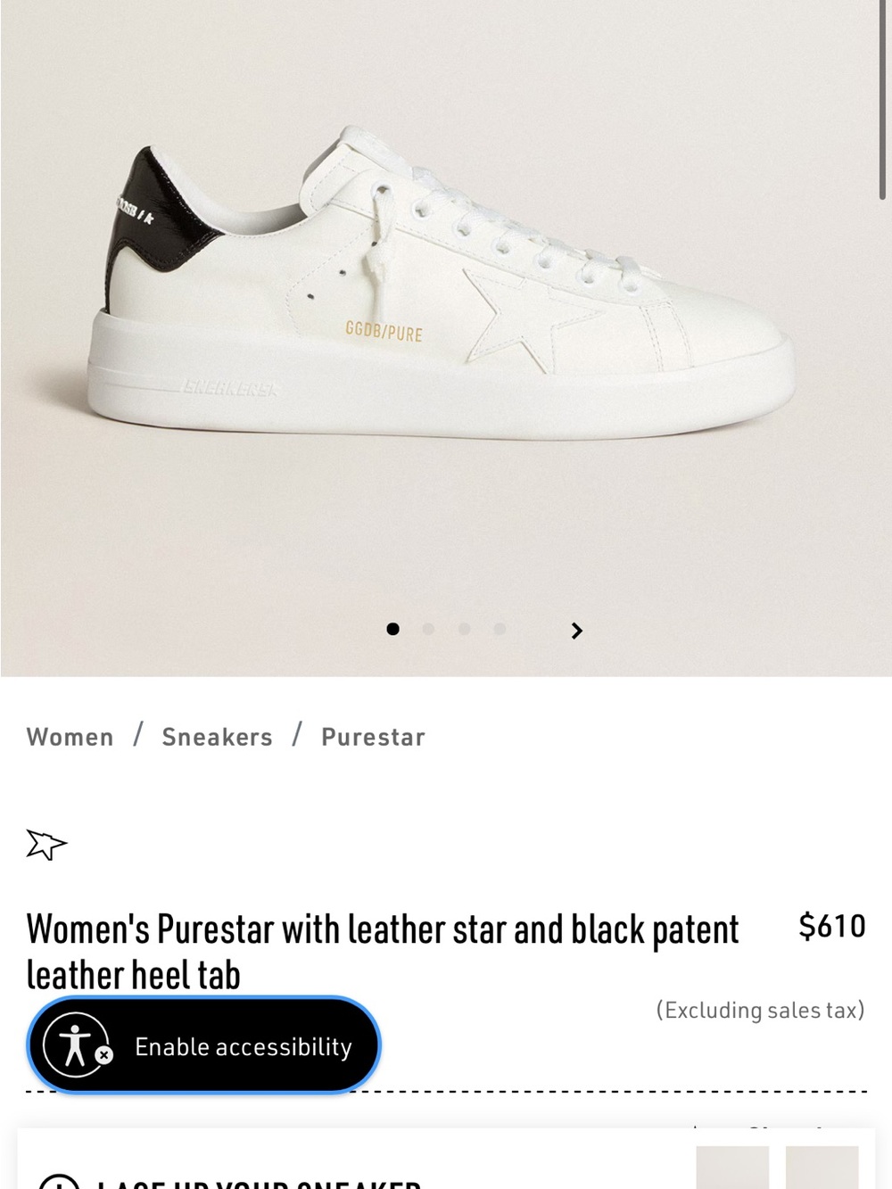 Golden Goose White Leather Purestar Sneaker with Black Heel Tab